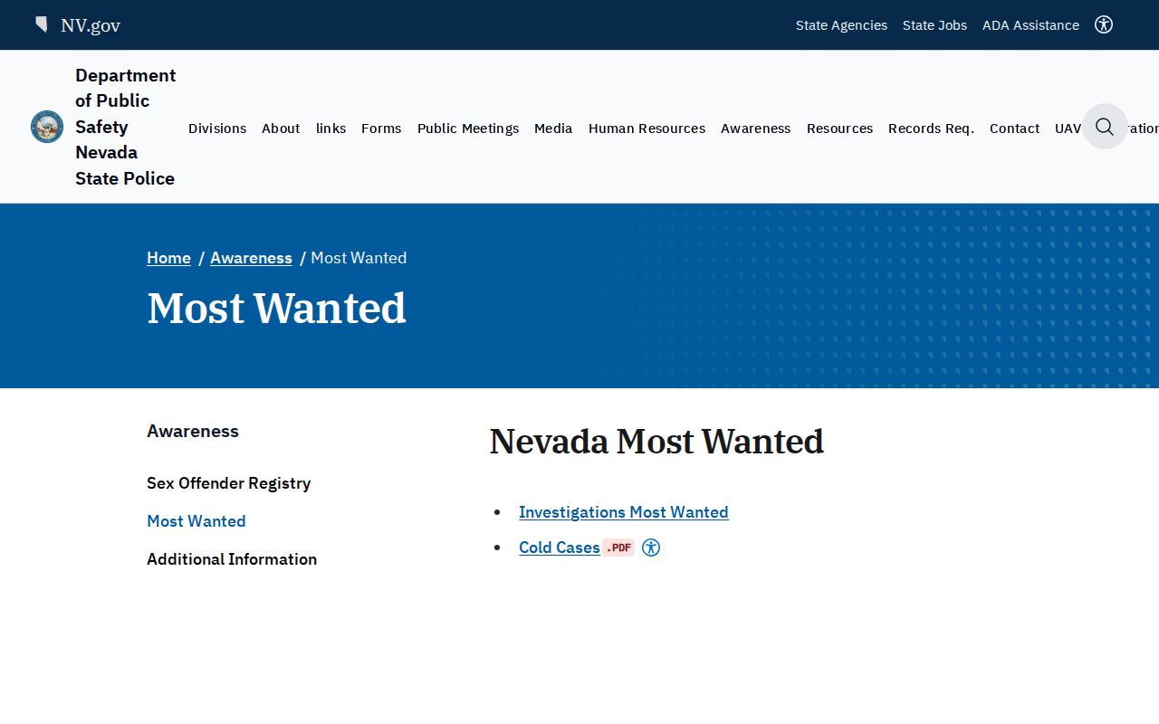 Nevada DPS statewide wanted fugitives page for Mineral County warrant checks